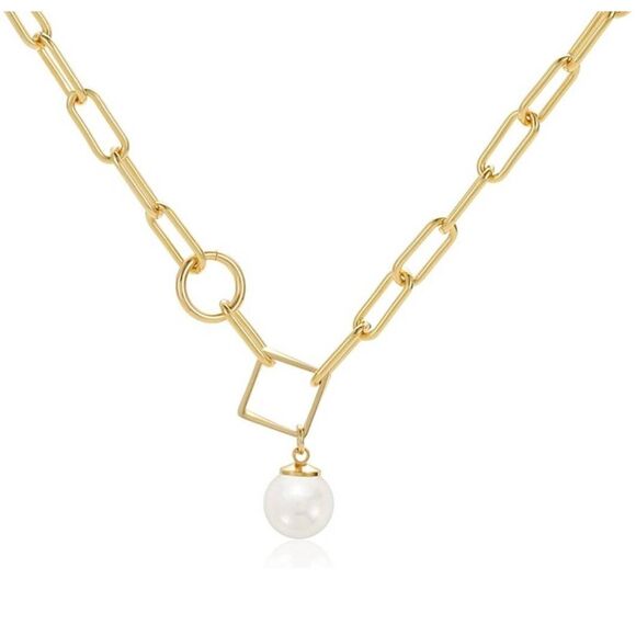 16K Gold Plated Paperclip Chain Necklace with Single Pearl Pendant - Picture 1 of 5